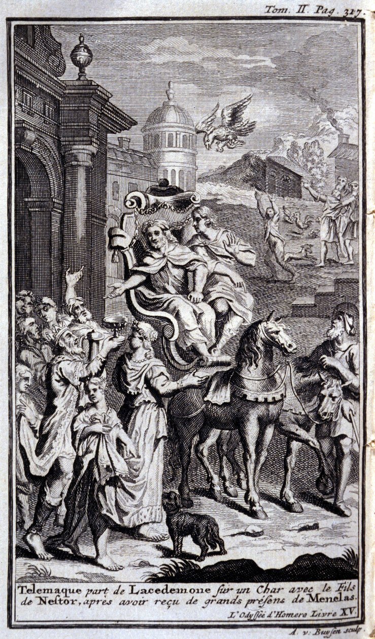 يترك Telemaque Lacedemone على خزان مع ابن Nestor بعد تلقيه هدايا رائعة من Menelas. رسم توضيحي لكتاب XV de l'Odyssee d'Homere ، في l'Odyssee ، نُشر في أمستردام عام 1731 ، Collection privee Milan. بواسطة المدرسة الفلمنكية