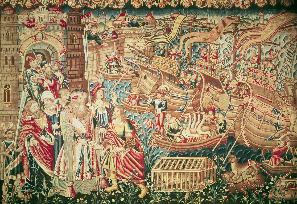 وصول فاسكو دا جاما (c.1469-1524) في كالكوتا ، 20 مايو 1498 بواسطة المدرسة الفلمنكية