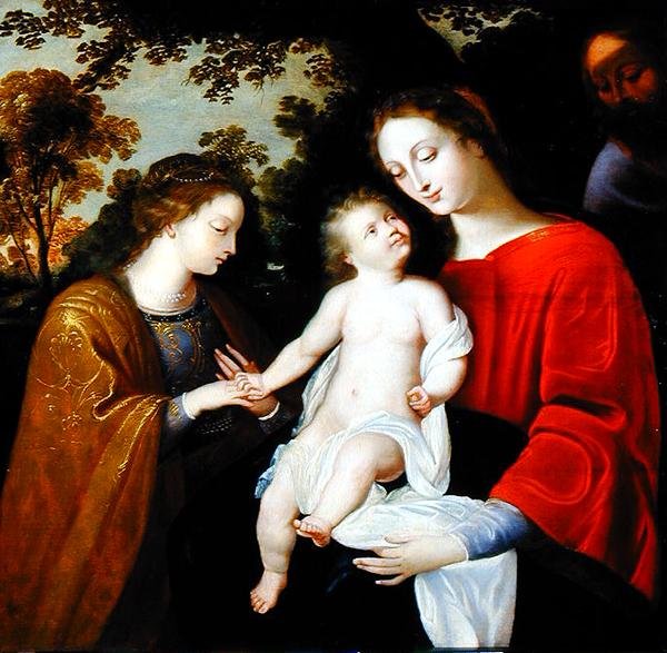 زواج القديسة كاترين الصوفي ، 1625-50 (زيت على لوح) بواسطة المدرسة الفلمنكية