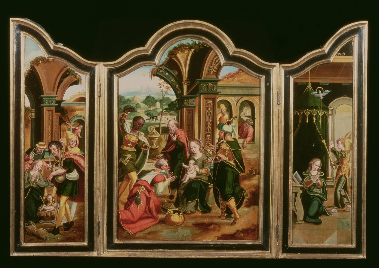 Triptych: عشق المجوس (لوحة مركزية) ، البشارة (لوحة LH) ، عشق الرعاة (لوحة RH) بواسطة المدرسة الفلمنكية