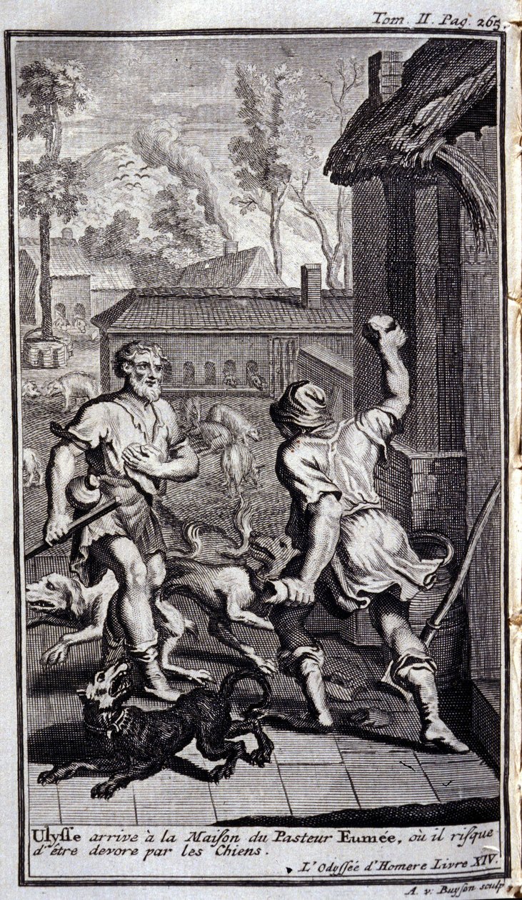 يصل يوليسيس إلى منزل القس إومي ، أو قد تبتاعه الكلاب. رسم توضيحي للكتاب XIV de l'Odyssee d'Homere ، في l'Odyssee ، نُشر في أمستردام عام 1731 ، Collection privee Milan. بواسطة المدرسة الفلمنكية