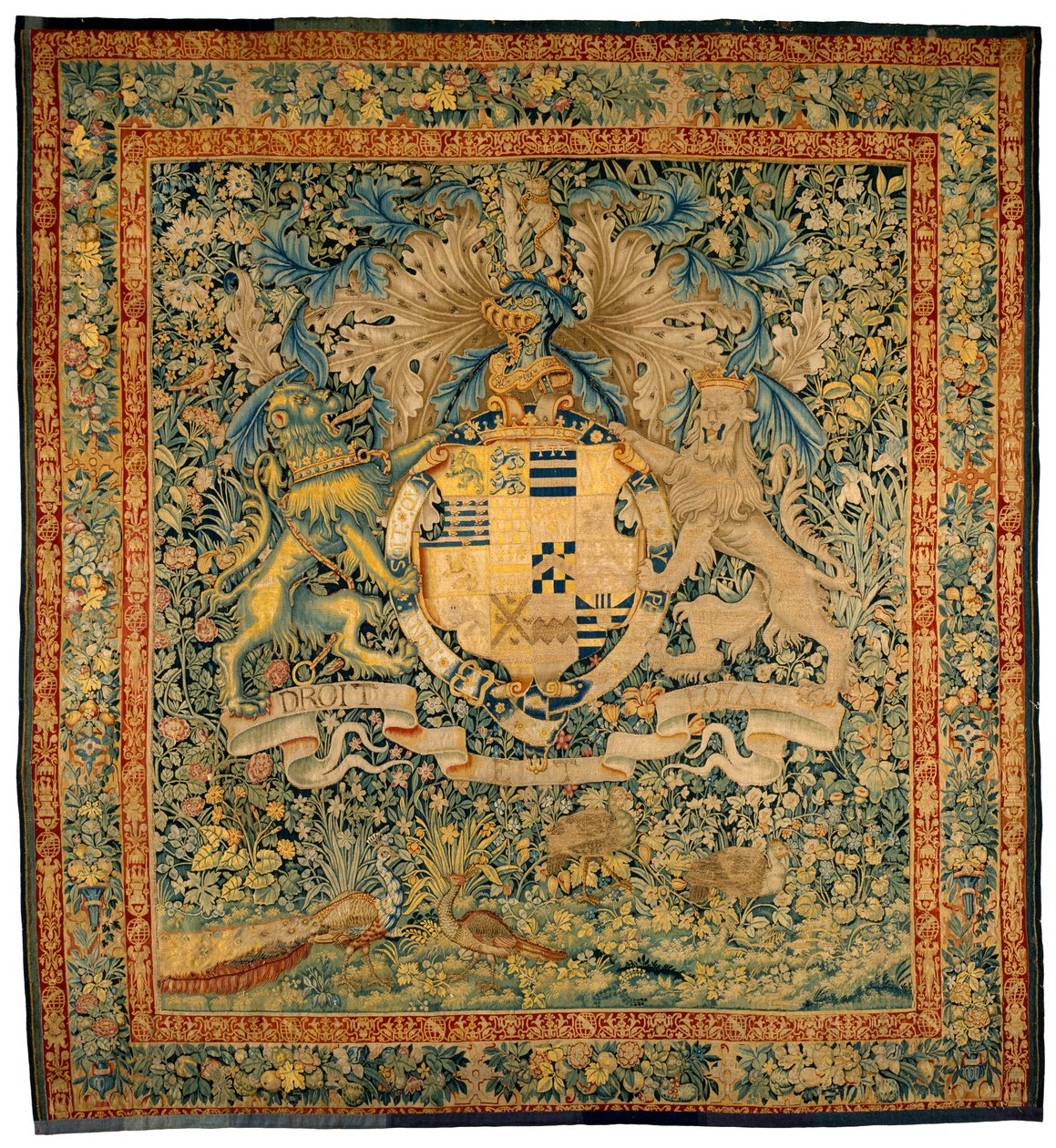 نسيج أخضر يحمل ذراعي روبرت دودلي، إيرل ليستر، حوالي 1570-1585 (الصوف والحرير) بواسطة المدرسة الفلمنكية