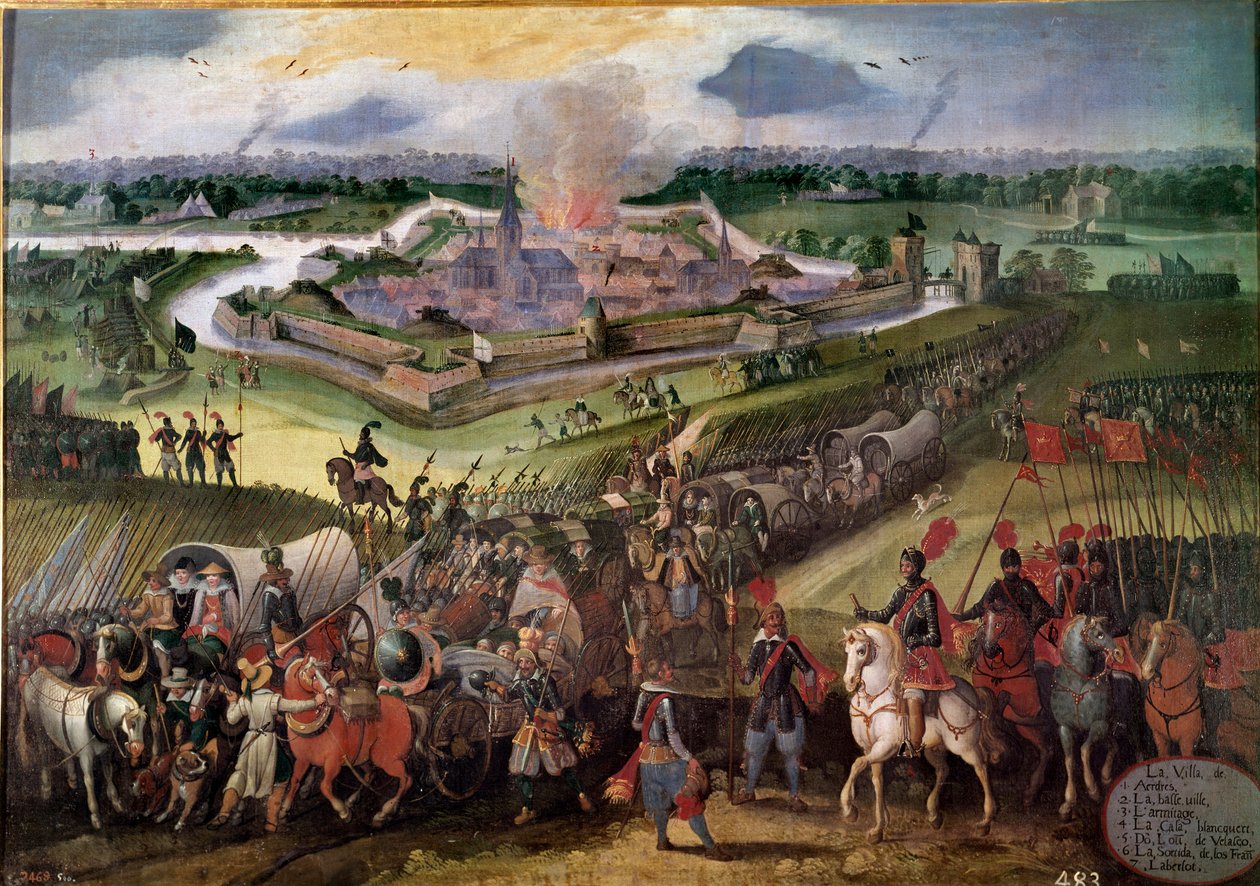War against the Netherlands: “” View of the city of Ardres””: Archduke Albert of Austria seized the city in 1596. Painting of the Flemish School of the 17th century. Real Monasterio de El Escorial, El Escorial, Spain - War against the Netherlands: View of  بواسطة المدرسة الفلمنكية