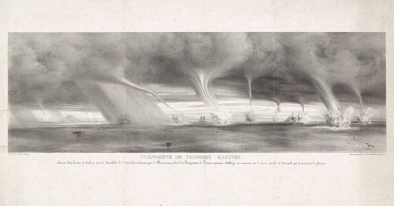 ووترهوزين أوب زي بيج صقلية ، 1827 ظاهرة Waterspouts ، التي لوحظت في بحر صقلية ، على مرأى من سترومبولي ، 27 يونيو 1827 (العنوان على الجسم) بواسطة فيليكس أشيل بوبل القديس أولير