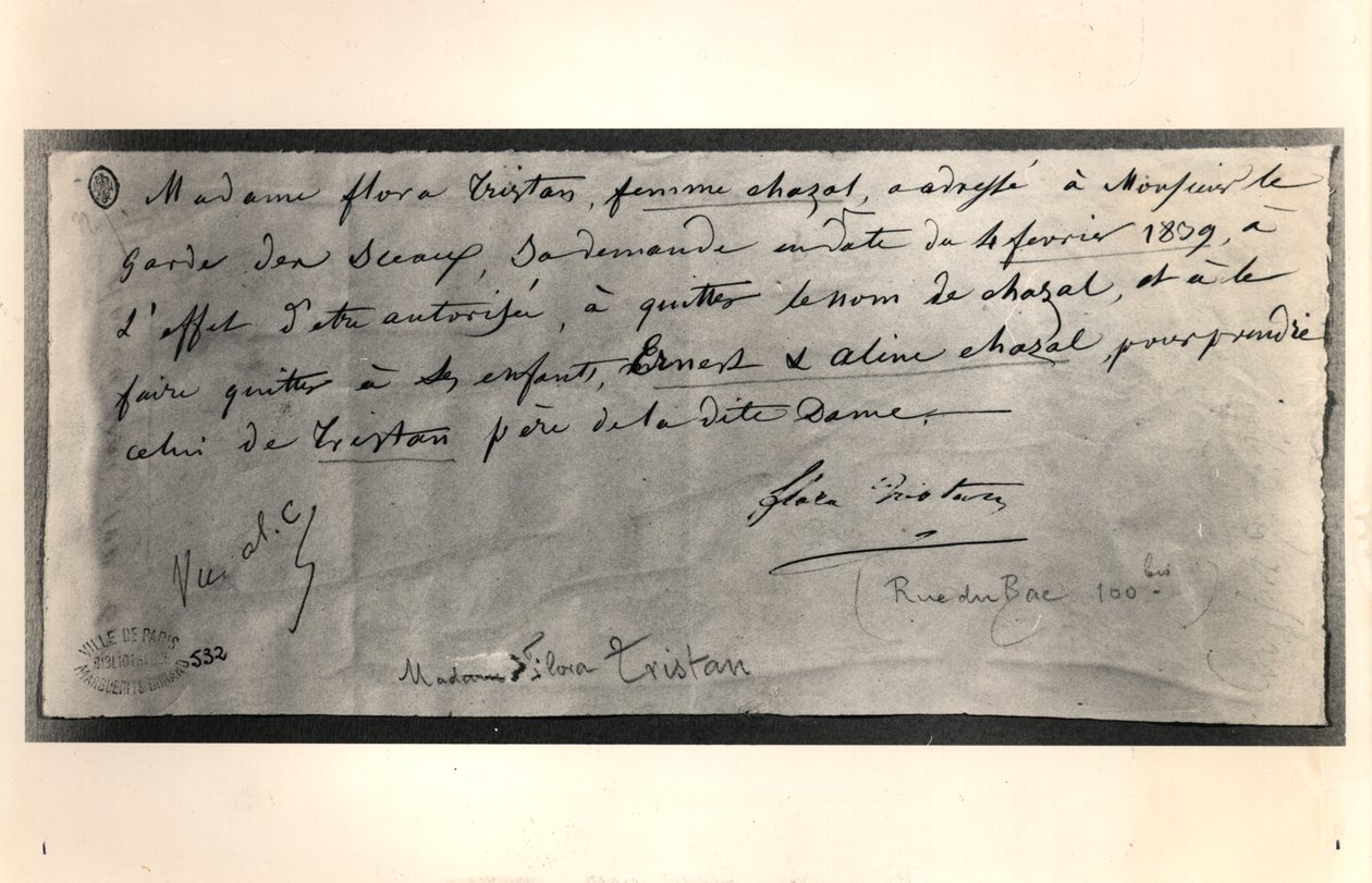 رسالة موقعة من فلورا تريستان (1803-1844) إلى وزير العدل الفرنسي ، تطلب الطلاق ، 4 فبراير 1839 بواسطة فلورا تريستان