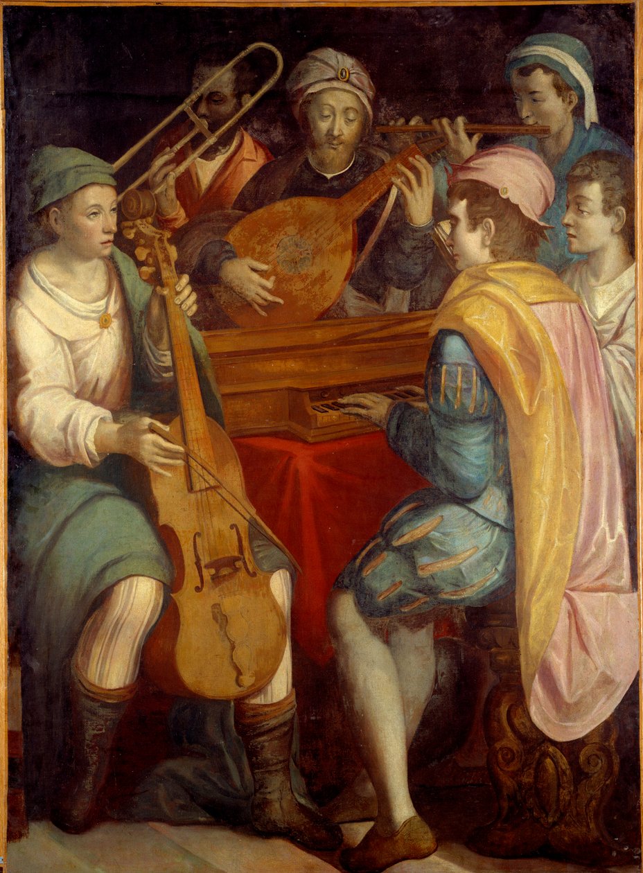 Concert Lute musicians, epinette, trombone and viola de gamba. Anonymous painting of the Florentine School 1550-1600. Sun 1,8x1,3 m بواسطة مدرسة فلورنسا