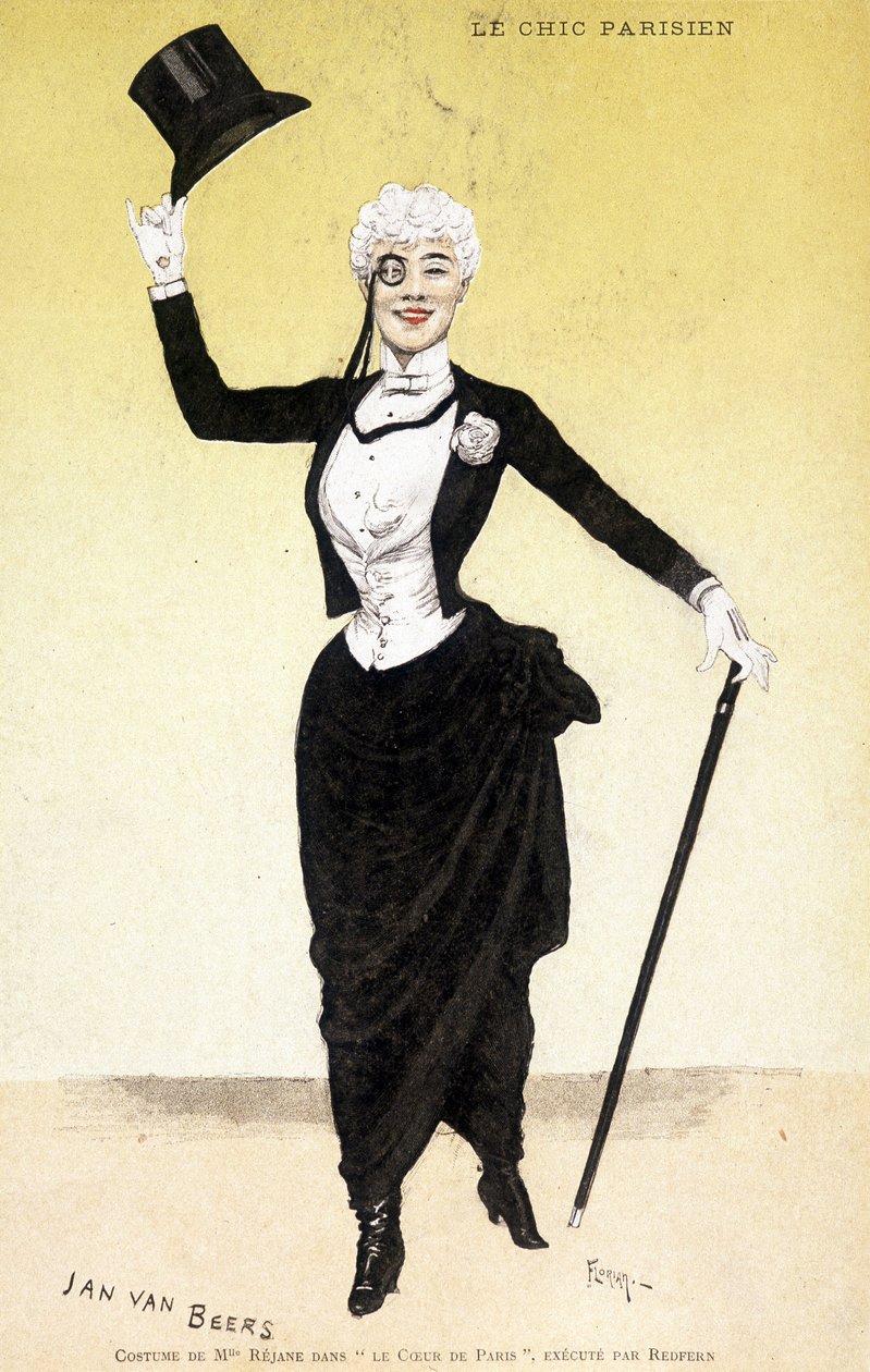 الأناقة الباريسية (dandy - dandysme): زي Mademoiselle Réjane في "قلب باريس". زي مصمم الأزياء جان فان بيرز (1852-1927) ، نفذه ريدفيرن. رسم فلوريان. بواسطة فلوريان