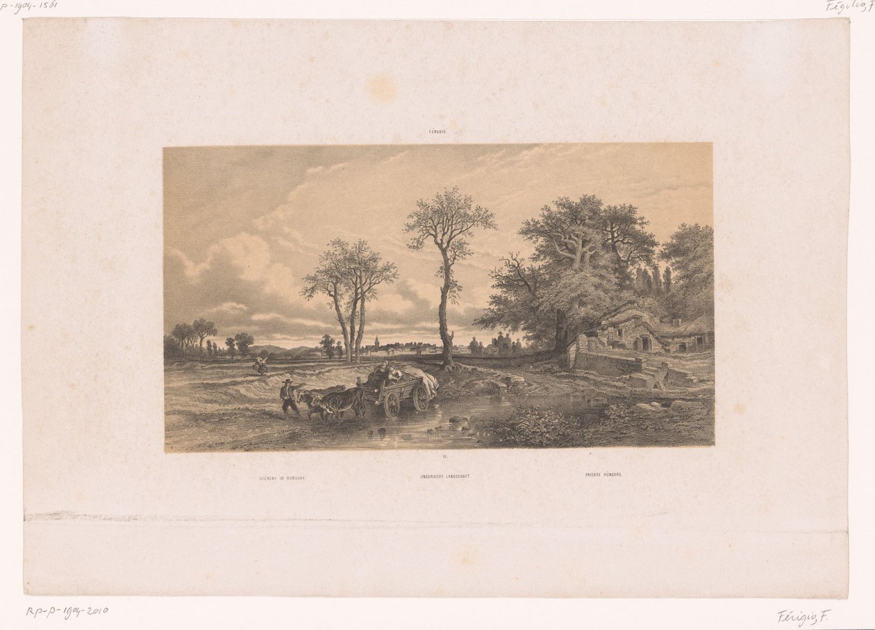 عربة المزرعة مع الثيران في المناظر الطبيعية المجرية مشهد في المجر / Ungarische Landschaft / Paisage Húngaro (العنوان على الكائن) شخصيات في منظر طبيعي (عنوان السلسلة) بواسطة فورتشن فيروجيو