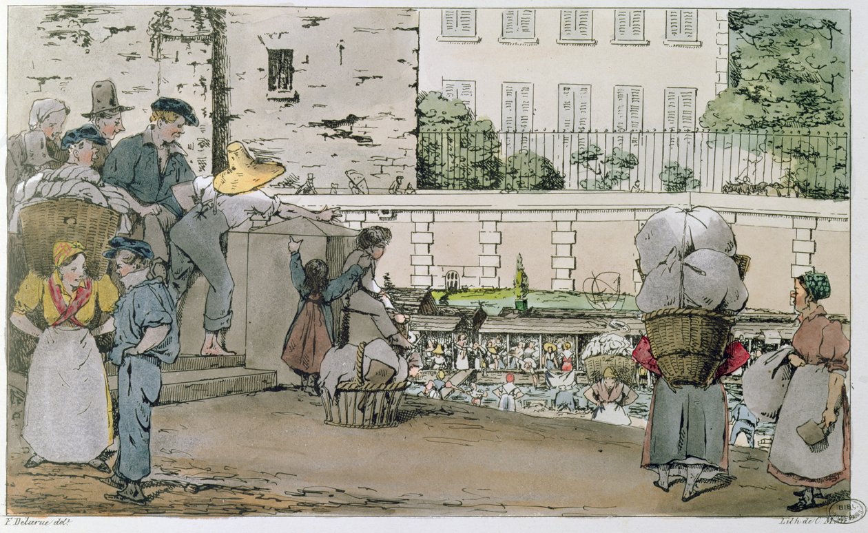 The Washerwomen ، من سلسلة "Tableau de Paris" ، التي نقشها C.Motte ، c.1830-40 بواسطة فورتشن ديلارو