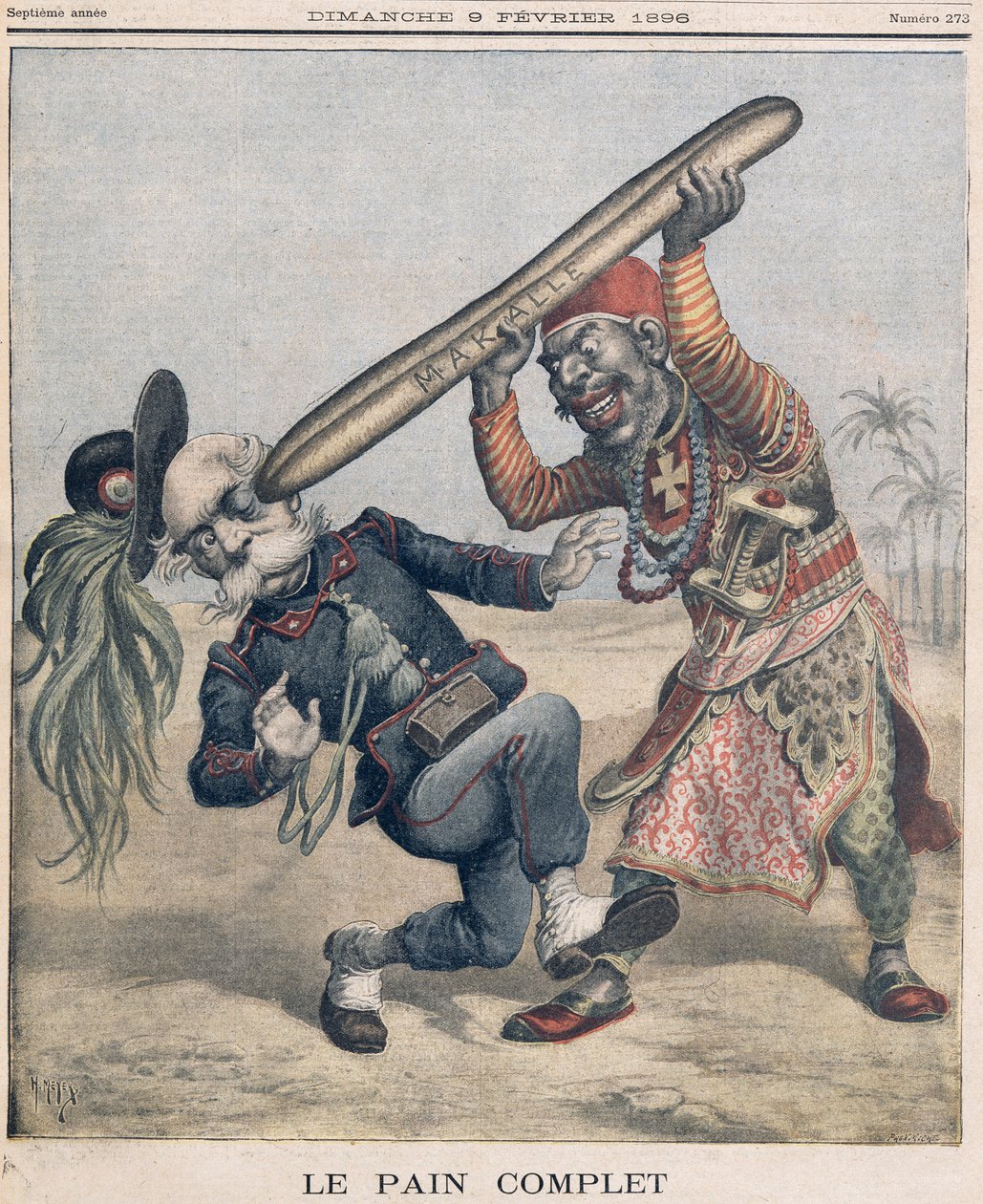 كاريكاتير فرانشيسكو كريسبي (1818-1901) وهزيمة جيش الغزو الإيطالي في حصار ماكالي ، إثيوبيا. غلاف "لو بيتيت جورنال" ، 9 فبراير 1896 بواسطة فورتشن لويس ميول وهنري ماير