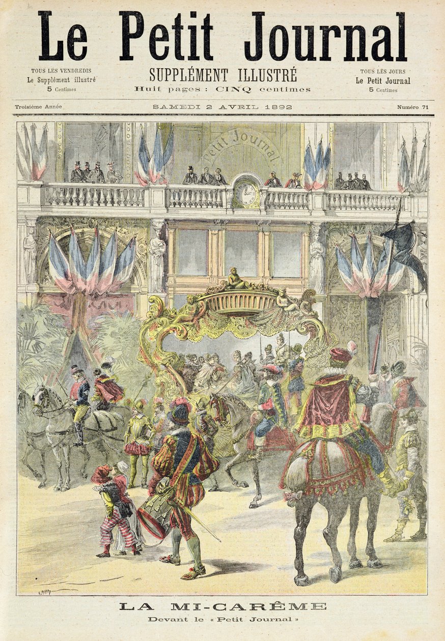 صفحة عنوان تصور موكب منتصف الصوم أمام مكاتب بيتيت جورنال ، توضيح من الملحق المصور لـ Le Petit Journal ، 2 أبريل 1892 بواسطة فورتشن لويس ميول وهنري ماير