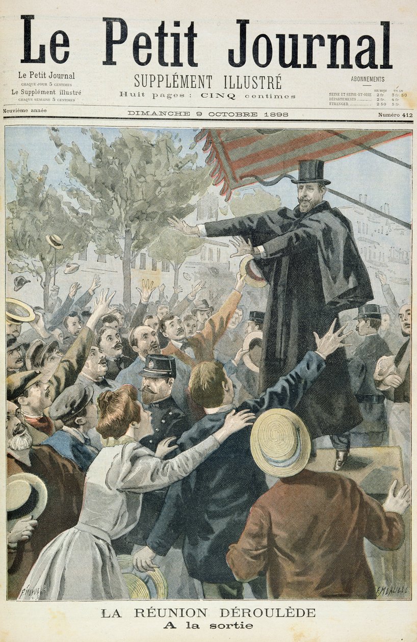 صفحة عنوان تصور الاجتماع مع ديروليدي ، توضيح من الملحق المصور لـ Le Petit Journal ، 9 أكتوبر 1898 (لون ليثو) بواسطة فورتشن لويس ميول
