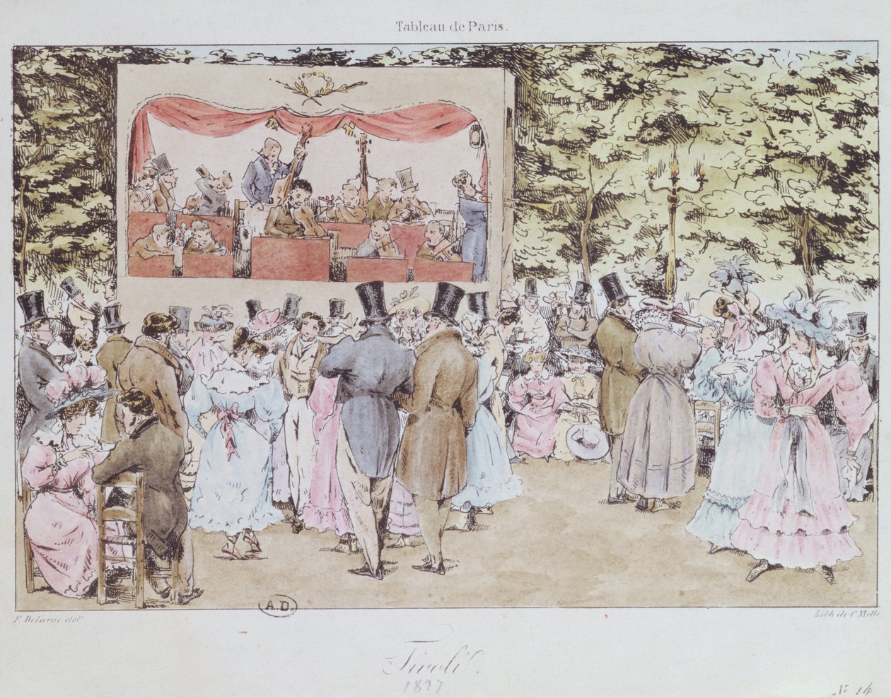 ترفيه موسيقي في حدائق تيفولي الجديدة ، باريس ، محفورة من قبل C. Motte ، 1827 بواسطة فورتشن ديلارو