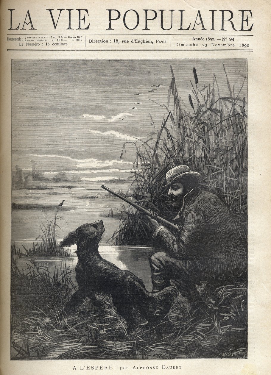 صياد الطيور يراقب مع كلبه في مستنقع. رسم توضيحي لـ F. Meaulle لـ "" نأمل! "" لألفونس دوديت (1840-1897). نقش من عام 1890 في "La vie populaire". مجموعة خاصة بواسطة فورتشن لويس ميول