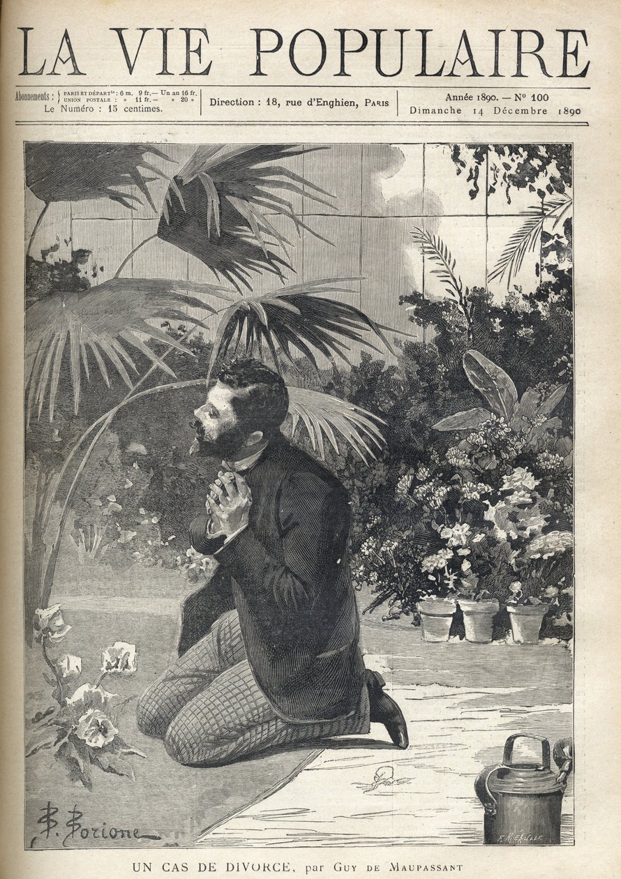رجل يائس يصلي على ركبتيه في دفيئة. رسم إيضاحي لـ F.Meaulle بعد B. Borione عن "قضية طلاق" بقلم جاي دي موباسان (1850-1893). نقش من عام 1890 في "La vie populaire". مجموعة خاصة بواسطة فورتشن لويس ميول