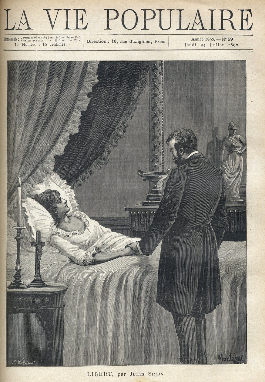 رجل يغمره الحزن ، يقف بجانب سريره ، يمسك بيد امرأته الجميلة الميتة. على طاولة السرير ، أضواء الشموع والصليب. على عتبة الموقد ، فنجان ومنحوتة نسائية بزي عتيق. المصور بواسطة فورتشن لويس ميول