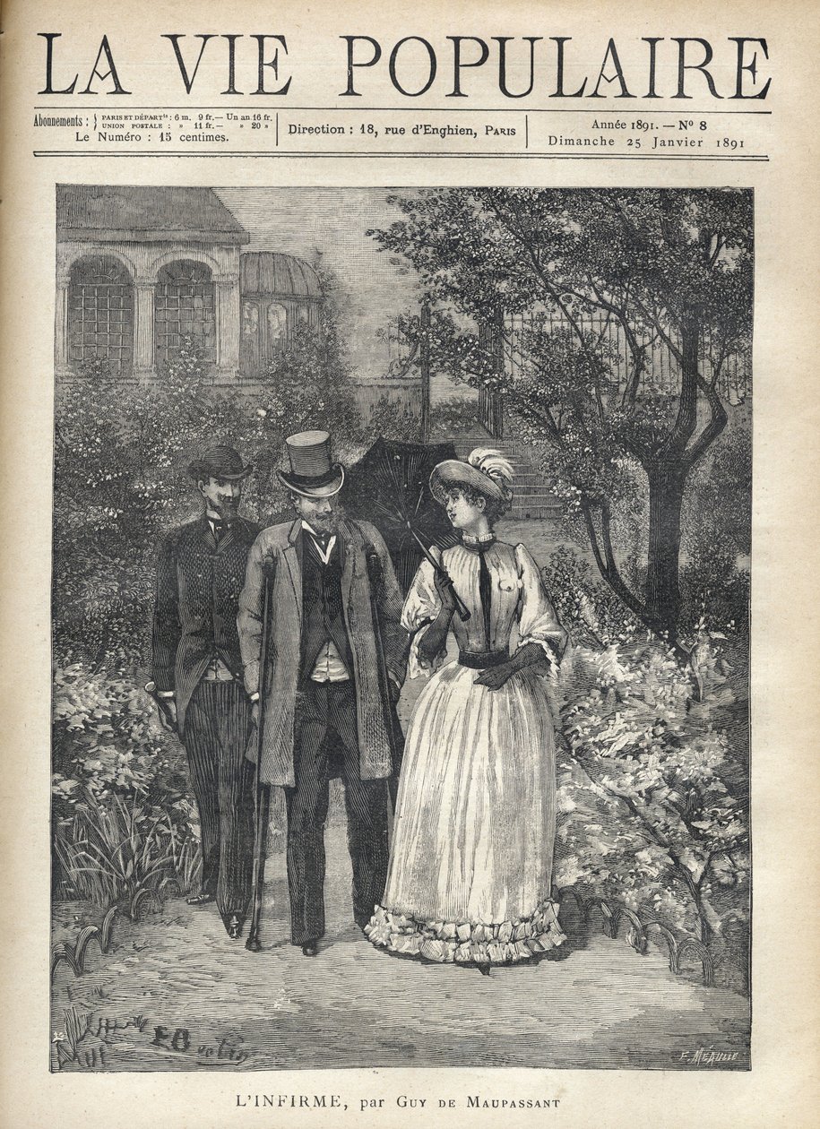 رجل متورط يسير مع شابة أنيقة في أزقة حديقة. رجل ثاني يتبعهم. رسم توضيحي لـ Fortune Louis (Fortune-Louis) Meaulle لـ "L'infirme" بقلم جاي دي موباسان (1850-1893). نقش من عام 1891 في "La vie populaire" " بواسطة فورتشن لويس ميول