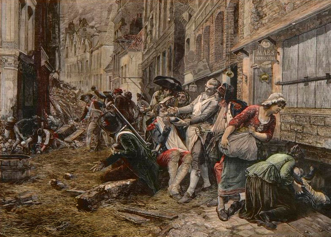 حلقة حصار في ليل ، أكتوبر 1792 - حصار ليل في عام 1792: شعر مستعار مايس يستخدم قذيفة قنبلة كطبق لحية لحلق العميل - نقش ميول بعد لوحة غاستون ميلينج بواسطة فورتشن لويس ميول