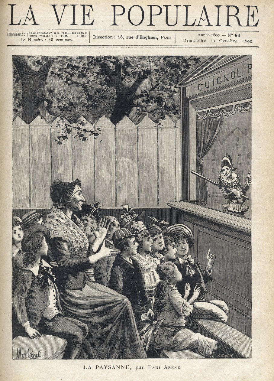 امرأة في منتصف مجموعة من الأطفال تصفق لعرض الدمى (Guignol). رسم توضيحي لـ Fortune Meaulle بواسطة Montegut لـ "الفلاح" بقلم Paul Arene (1843-1896). نقش في "La vie populaire" " بواسطة فورتشن لويس ميول