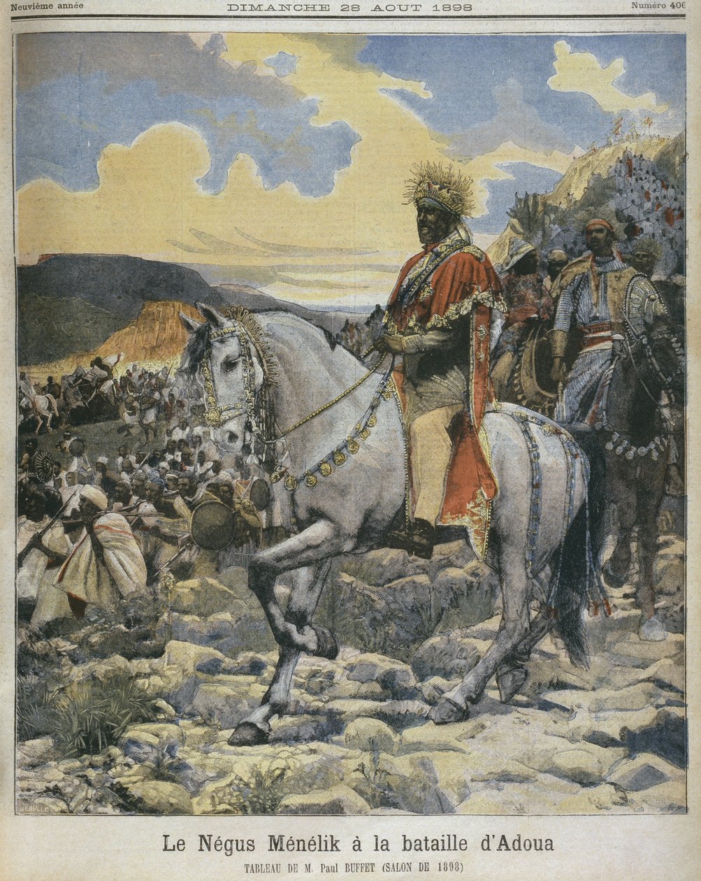 مينليك الثاني (1844-1913) في معركة أدوا ، رسم توضيحي من Le Petit Journal ، 28 أغسطس 1898 (انظر أيضًا 287689) بواسطة فورتشن لويس ميول