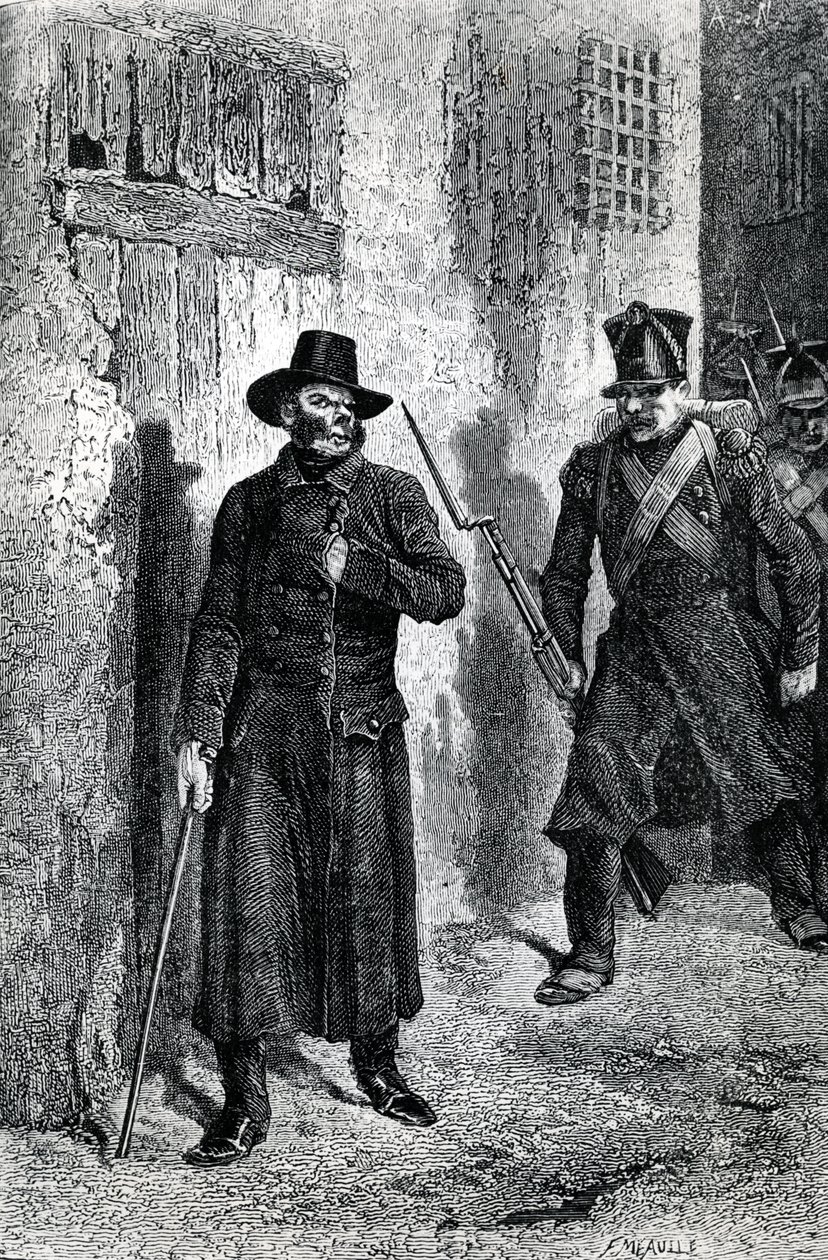 جافرت يطارد Valjean ، توضيح من "البؤساء" بقلم فيكتور هوغو ، نشره J. Hetzel ، 1865 (نقش الخشب) بواسطة فورتشن لويس ميول