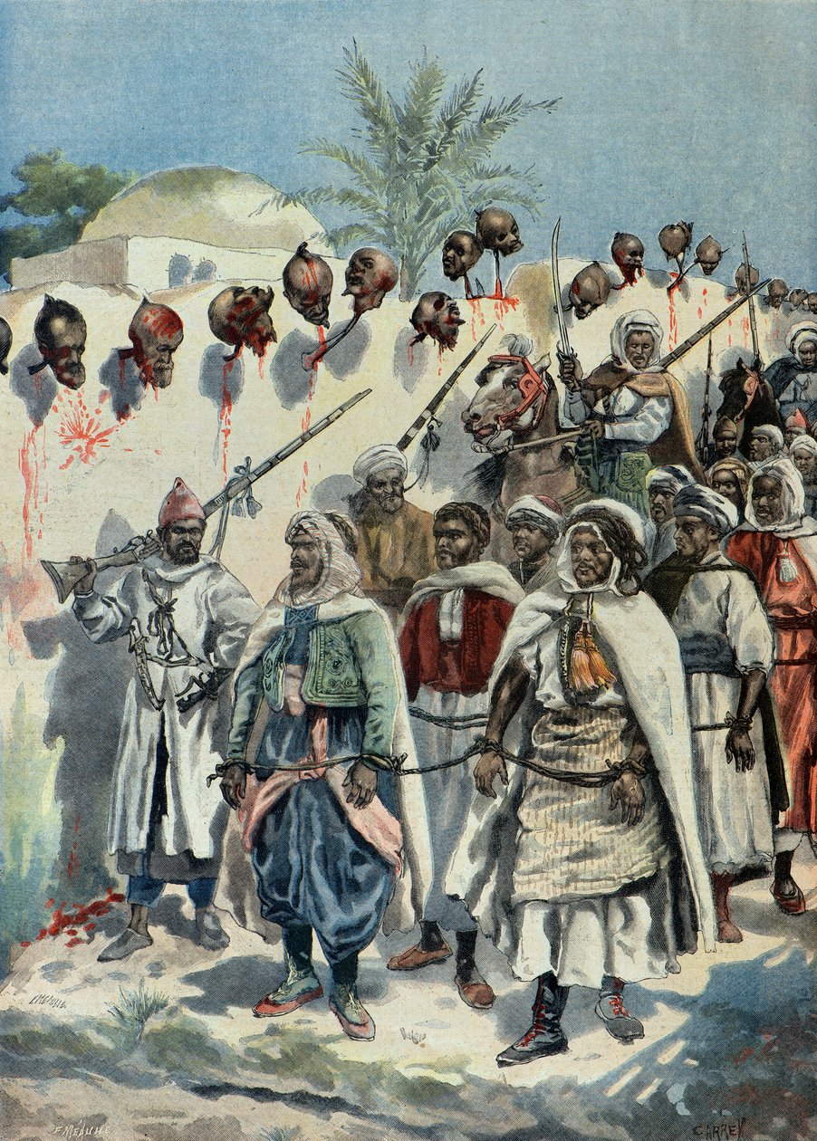 متمردون مغاربة مسجونون يمرون بجوار رؤوس رفاقهم المقطوعة عام 1897 (نقش) بواسطة فورتشن لويس ميول