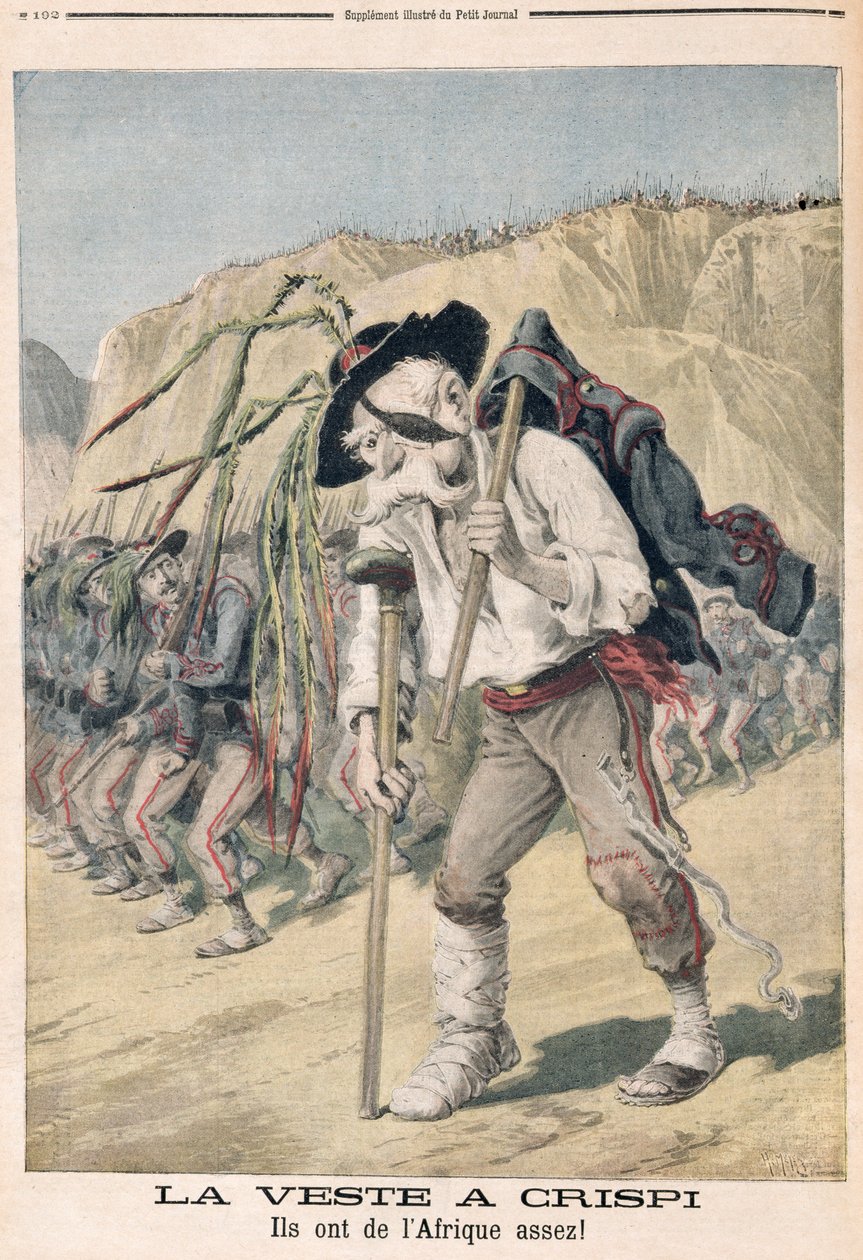 `` هزيمة Crispi&39;s &39;&39; ، كاريكاتير من `` le Petit Journal &39;&39; ، 1896 بواسطة فورتشن لويس ميول وهنري ماير