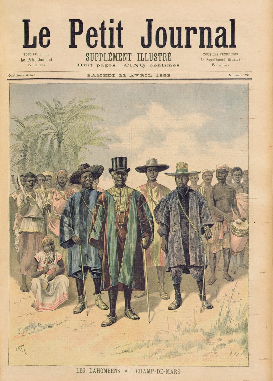 Dahomeans على Champs de Mars ، توضيح من "Le Petit Journal" ، 22 أبريل 1893 بواسطة فورتشن لويس ميول وهنري ماير