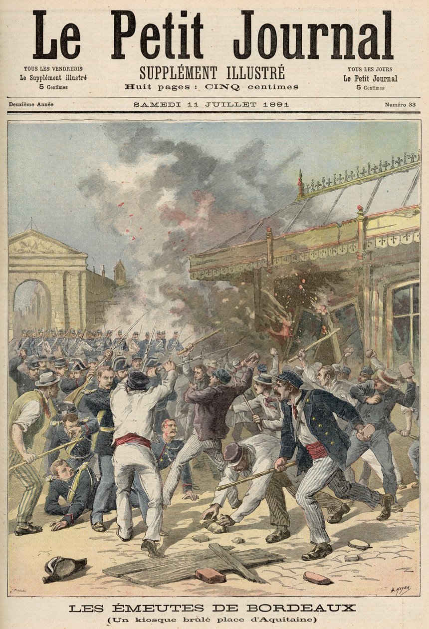 الأحداث في بوردو: حرق كشك في Place d&39;Aquitaine ، من "Le Petit Journal" ، 11 يوليو 1891 بواسطة فورتشن لويس ميول وهنري ماير