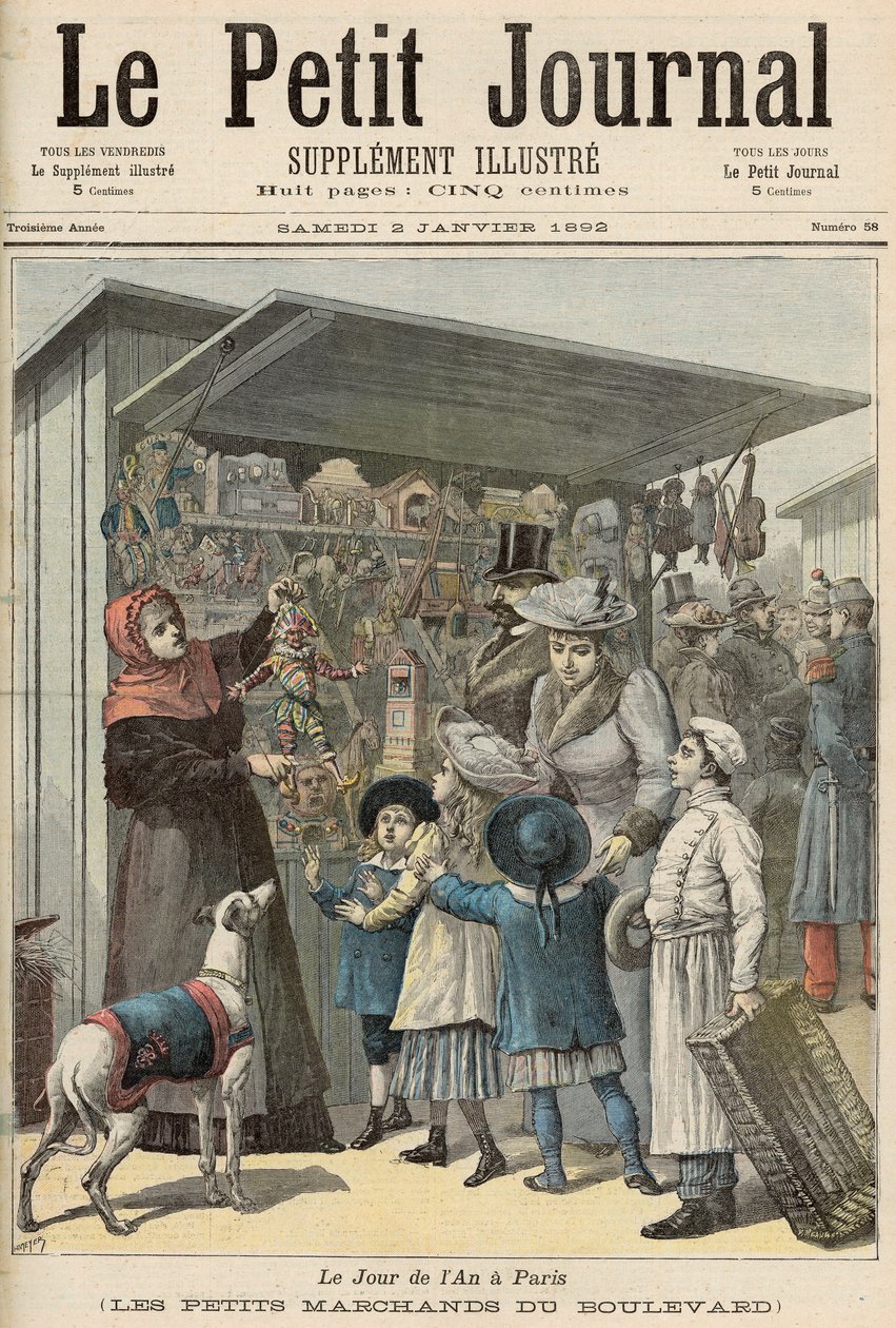 يوم رأس السنة الجديدة في باريس: The Little Stalls on the Boulevard ، غلاف "Le Petit Journal" ، 2 يناير 1892 بواسطة فورتشن لويس ميول وهنري ماير