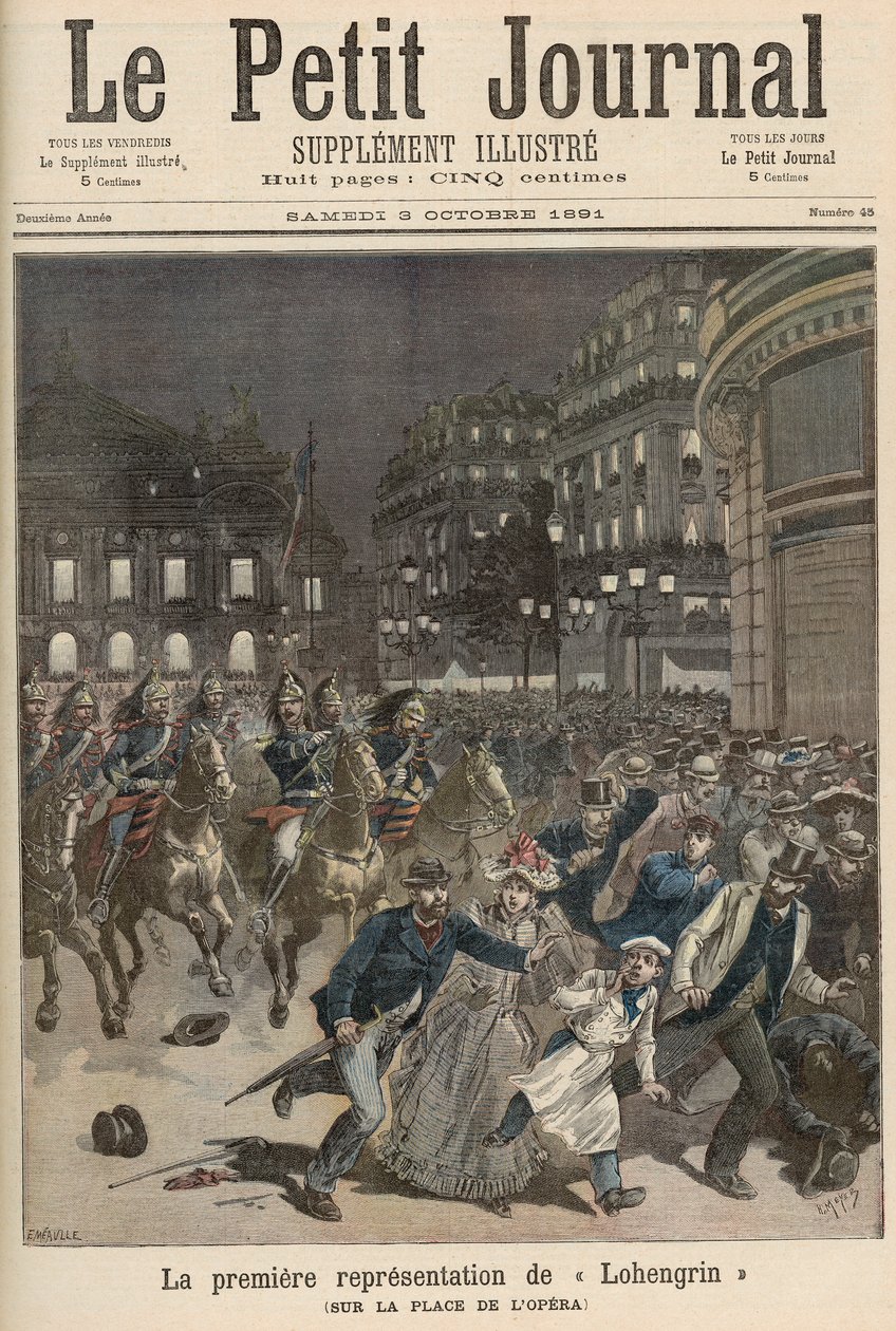 أعمال شغب في باريس تعترض على أداء "Lohengrin" في قصر Garnier ، من "Le Petit Journal" ، 3 أكتوبر 1891 بواسطة فورتشن لويس ميول وهنري ماير