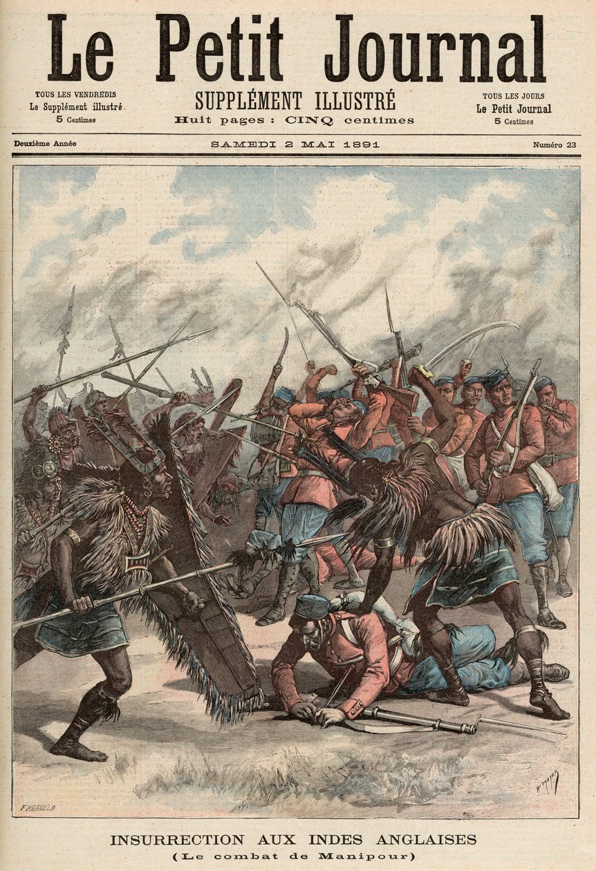 معركة مانيبور ، من "لو بيتيت جورنال" ، 2 مايو 1891 (نقش ملون) بواسطة فورتشن لويس ميول وهنري ماير