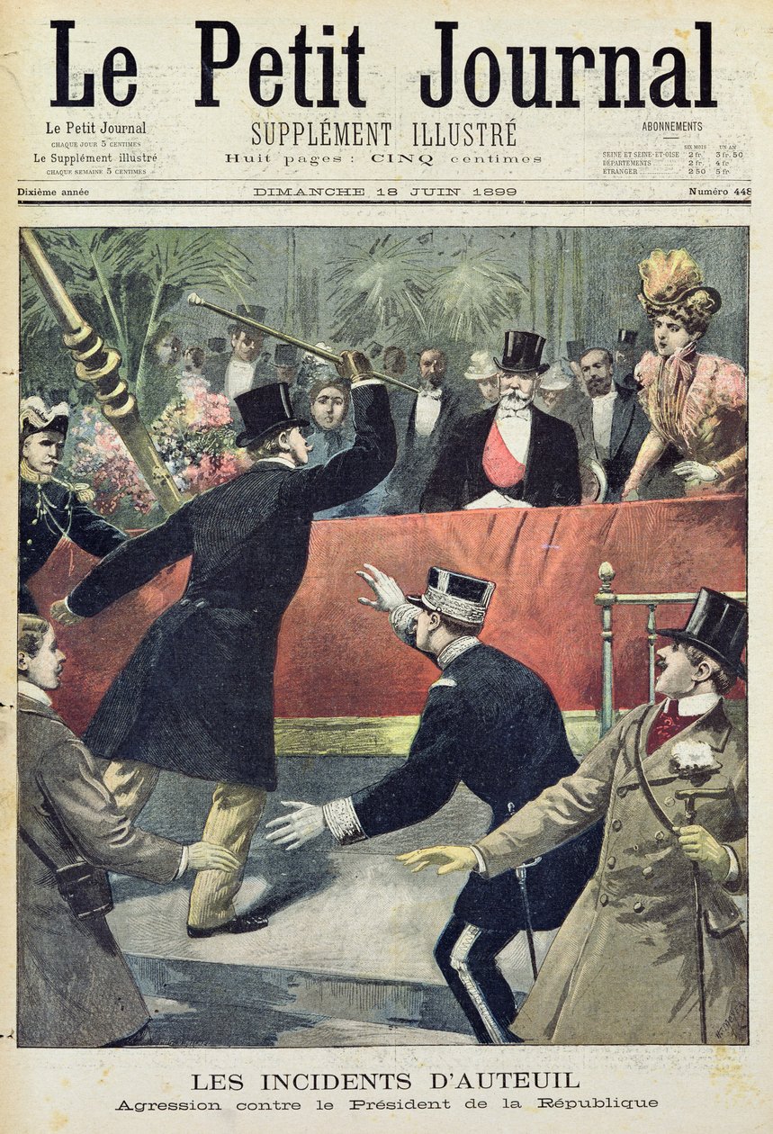حوادث Auteuil ، العدوان ضد رئيس الجمهورية ، صفحة العنوان من `` Le Petit Journal &39;&39; ، 18 يونيو 1899 (نقش ملون) بواسطة فورتشن لويس ميول وهنري ماير