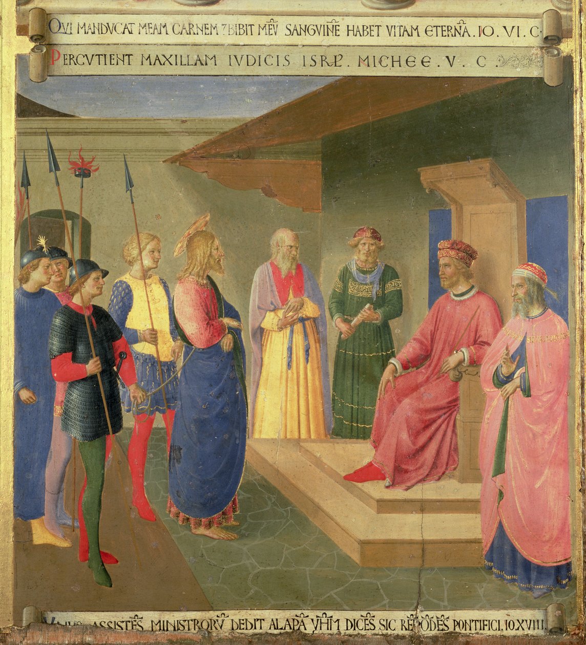 المسيح قبل Caiaphus ، التفاصيل من اللوحة الثالثة للخزينة الفضية في Santissima Annunziata ، c.1450-53 (درجة الحرارة على اللوحة) بواسطة فرا انجيليكو