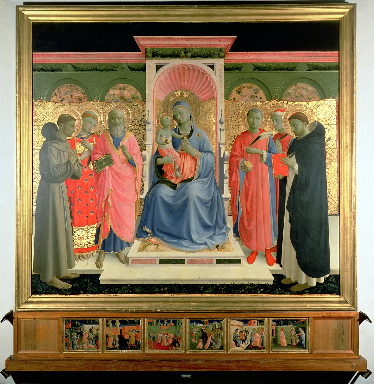 تفاصيل من أنالينا Altarpiece تظهر العذراء والطفل مع القديس بطرس الشهيد ، وسانت كوزماس ، وسانت داميان ، وسانت جون الإنجيلي ، وسانت لورانس ، وسانت فرانسيس (تمبرا وورقة الذهب على اللوحة بواسطة فرا انجيليكو