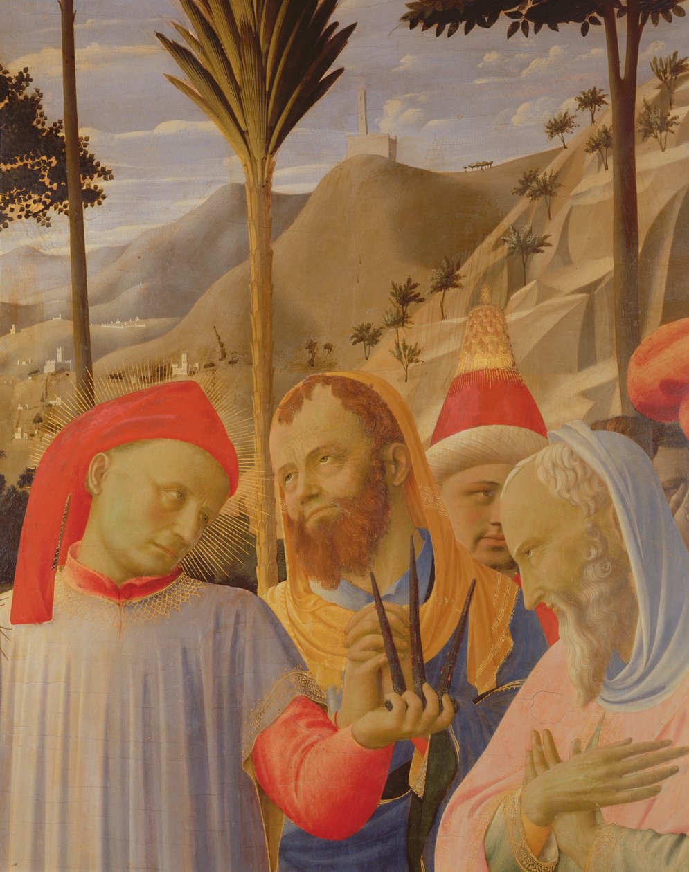 سانتا ترينيتا Altarpiece ، تظهر التفاصيل مجموعة من الرجال ، ربما بما في ذلك نيقوديموس وجوزيف من Arimathaea ، c.1434 (درجة الحرارة الذهبية على اللوحة) بواسطة فرا انجيليكو