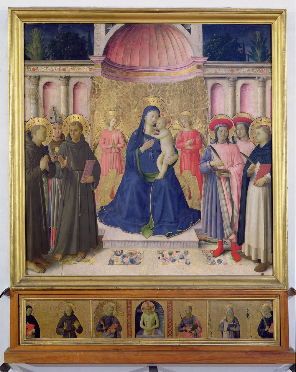 The Bosco ai Frati Altarpiece: العذراء والطفل المتوجان بملائكين بين SS. أنتوني بادوا ، لويس تولوز وفرانسيس و SS. Cosmas and Damian and Peter the Martyr، 1452 (تمبرا بواسطة فرا انجيليكو