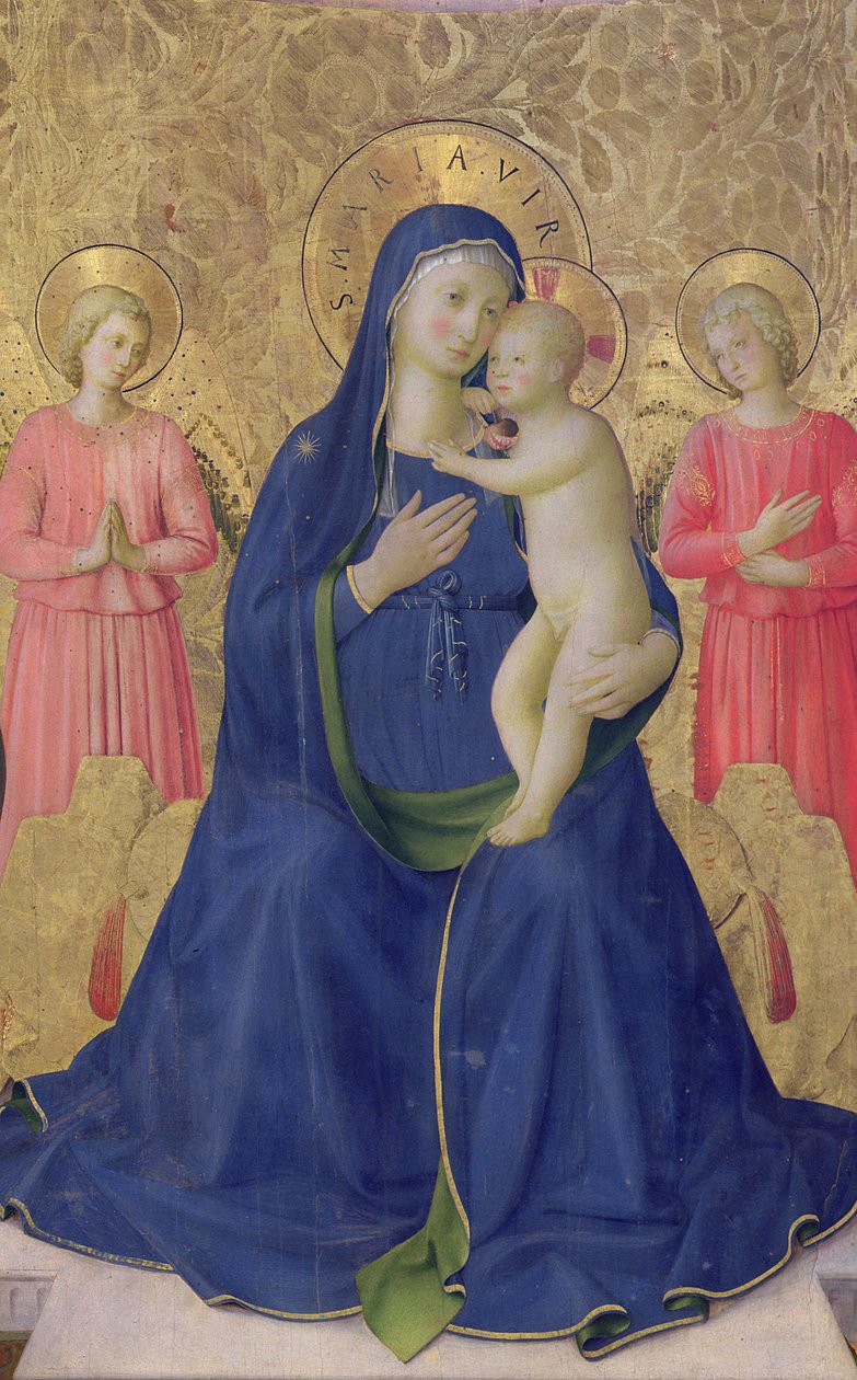 The Bosco ai Frati Altarpiece: العذراء والطفل المتوجان بملائكين ، 1452 درجة حرارة على لوحة التفاصيل 43968 بواسطة فرا انجيليكو