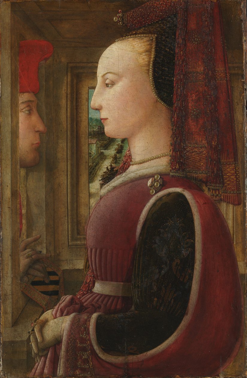 صورة لامرأة مع رجل في نافذة بابية ، c.1440 (درجة حرارة على الخشب) بواسطة فرا فيليبو ليبي