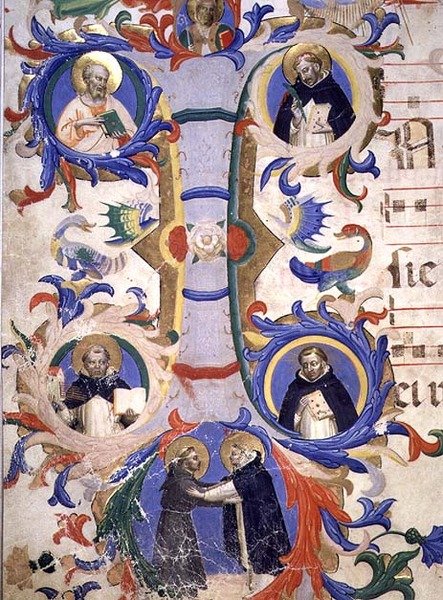 ms 558 f.67v أول حرف مؤرخ بـ "أنا" يصور (في اتجاه عقارب الساعة) SS. أوغسطين ، أمبروز ، بيتر مارتير ، غريغوري ، وجيروم ، تفاصيل من كتاب قداس ، أوائل ثلاثينيات القرن الرابع عشر (الرِق) (تفاصيل 88937) بواسطة فرا (1387-1455) انجيليكو