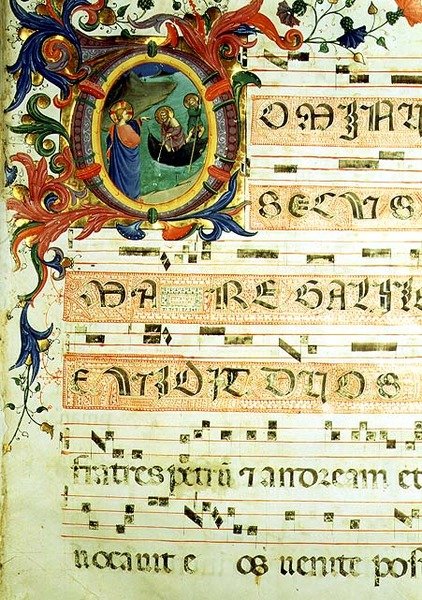 Ms 558 f.9r `` O '' الأولي التاريخي الذي يصور نداء القديس بطرس وسانت أندرو مع تدوين موسيقي ، تفاصيل صفحة من كتاب قداس ، أوائل 1430s (رق) (لمزيد من التفاصيل انظر 78833 و 88929) بواسطة فرا (1387-1455) انجيليكو