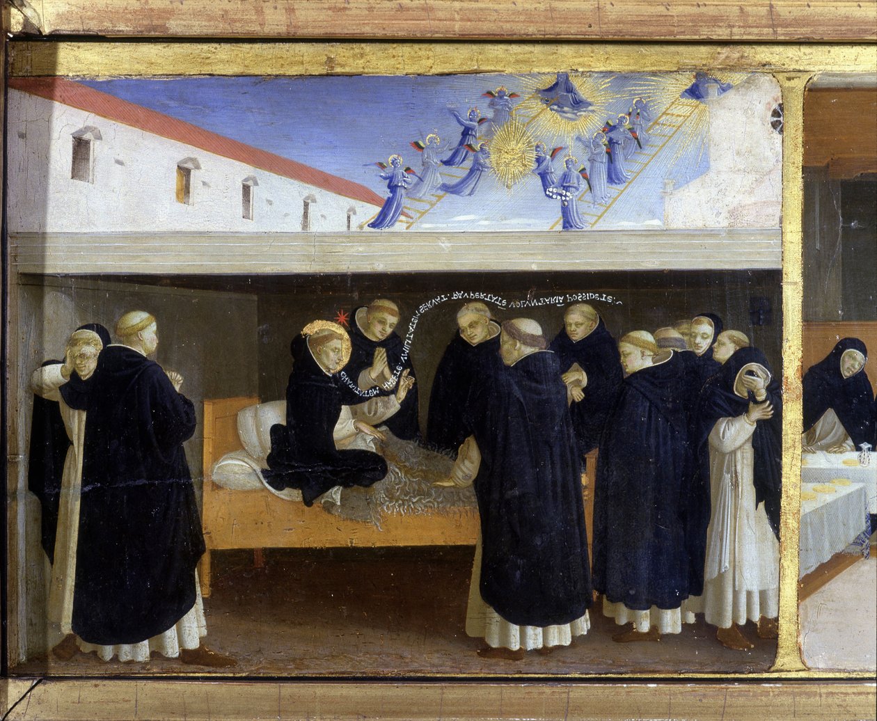 وفاة سانت دومينيكا (1221) - الجزء السفلي (بريديلا) من "تتويج العذراء" الذي يصور المسيح على القبر وست حلقات من حياة سانت دومينيكا ، مؤسس النظام الذي ينتمي إليه غويدو أنجليكود دي بيترو (أو ف بواسطة فرا أنجيليكو