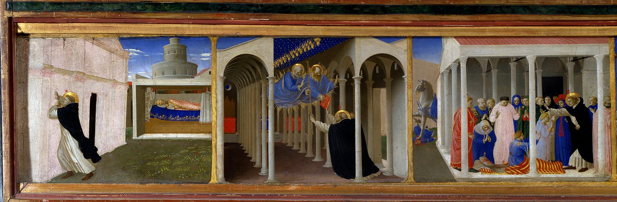 من اليسار إلى اليمين ، سانت دومينيكا (1170-1221) والبابا إنوسنت الثالث (1160-1216) ، وظهور القديس بطرس والقديس بولس إلى سانت دومينيكا ، ومشهد القيامة الذي أداره القديس بأعجوبة "" الجزء الأيسر من predelle من المذبح "" The Coro بواسطة فرا أنجيليكو