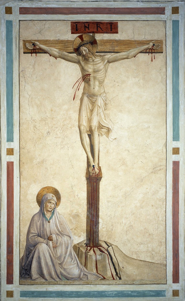 الصلب مع مريم العذراء. نقش "INRI" على الصليب. فريسكو لجويدو دي بيترو (أو فرا جيوفاني دا فيسولي) يُدعى فرا أنجيليكو أو إيل بياتو (1400-1455) بواسطة فرا أنجيليكو