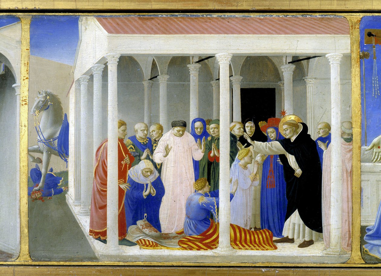 سانت دومينيكا (1170 - 1221) إحياء نابليون أورسيني ، الجزء السفلي (بريديلي) من "تتويج العذراء" الذي يمثل المسيح على القبر وست حلقات من حياة سانت دومينيكا ، مؤسس النظام الذي أنجيليكود بيلونج بواسطة فرا أنجيليكو