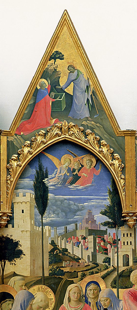 Santa Trinita Altarpiece, frame and pinnacles by Lorenzo Monaco (Piero di Giovanni) (c.1370-1425) completed c.1434 (tempera & gold on panel) (detail of 43967) بواسطة فرا أنجيليكو