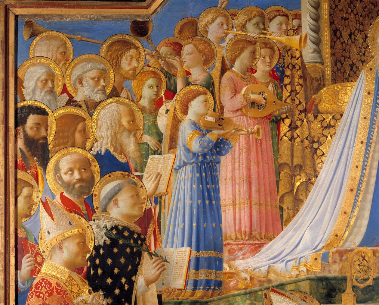تتويج العذراء ، تفاصيل الموسيقيين القديسين والملائكة. لوحة ل Guido di Pietro (أو Fra Giovanni da Fiesole) dit Fra Angelico ou il Beato (1387-1455) بواسطة فرا أنجيليكو