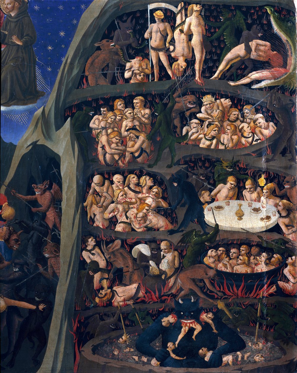 The final judgment: hell. The souls of the damns subjected to torture in the circles of Hell. The devil downstairs has one of them. Painting by Guido di Pietro (or Fra Giovanni da Fiesole) dit Fra Angelico ou il Beato (1400-1455) بواسطة فرا أنجيليكو