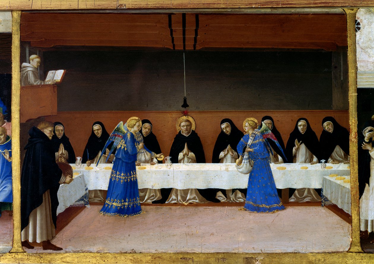 The monks at the table, the kitchen of the angels Life of Saint Dominica (detail of the predelle of the Coronation of the Virgin): the angels serve a meal to Dominican brothers. Painting by Guido di Pietro (or Fra Giovanni da Fiesole) dit Fra Angelico ou i بواسطة فرا أنجيليكو