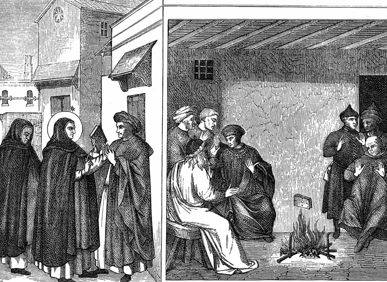 بدعة البجنسية. يعطي القديس دومينيك كتابًا يعترف بالإيمان المسيحي "الحقيقي" لمبعوث ألبجيني. ألقيت في النار ، الكتاب لا تلتهمه اللهب ، في حين أن كتاب الزنديق Albigensians هو. نقش بعد بريلا لتتويج السادس بواسطة فرا (1400-55) أنجيليكو